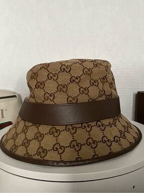 Gucci Tan GG Monogram Canvas Bucket Hat with Brown Leather Band